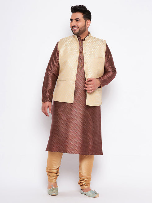 Vastramay Men's Plus Size Cream Ethnic Cream Jacket With Maroon Silk Blend Kurta and Golden Pyjama Set
