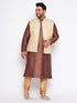Vastramay Men's Plus Size Cream Ethnic Cream Jacket With Maroon Silk Blend Kurta and Golden Pyjama Set