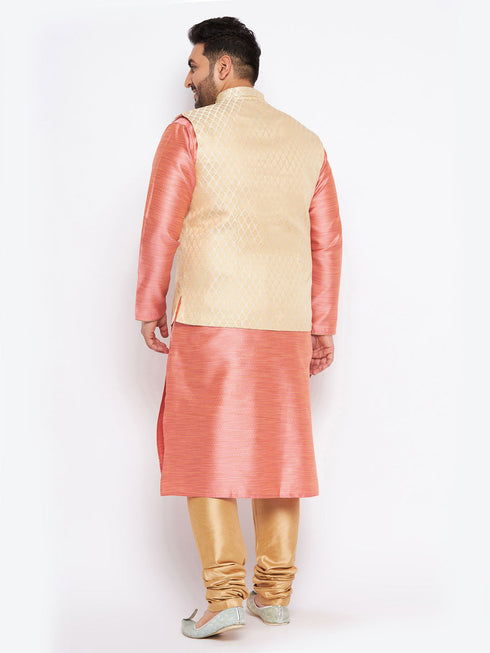 Vastramay Men's Plus Size Cream Ethnic Cream Jacket With Pink Silk Blend Kurta and Golden Pyjama Set