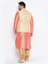Vastramay Men's Plus Size Cream Ethnic Cream Jacket With Pink Silk Blend Kurta and Golden Pyjama Set
