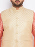 Vastramay Men's Plus Size Cream Ethnic Cream Jacket With Pink Silk Blend Kurta and Golden Pyjama Set