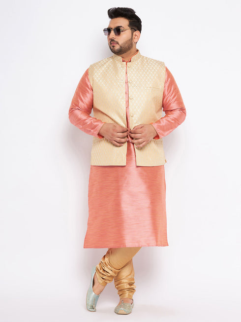 Vastramay Men's Plus Size Cream Ethnic Cream Jacket With Pink Silk Blend Kurta and Golden Pyjama Set