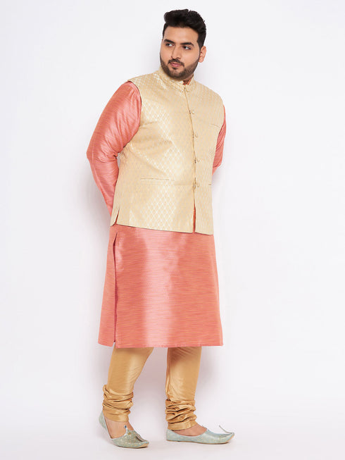 Vastramay Men's Plus Size Cream Ethnic Cream Jacket With Pink Silk Blend Kurta and Golden Pyjama Set
