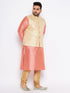 Vastramay Men's Plus Size Cream Ethnic Cream Jacket With Pink Silk Blend Kurta and Golden Pyjama Set