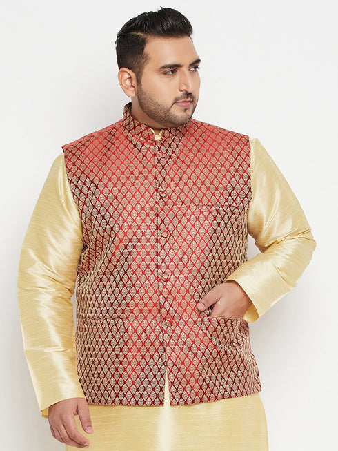 Vastramay Men's Plus Size Maroon Woven Nehru Jacket