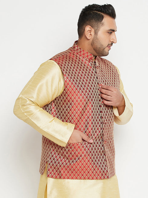 Vastramay Men's Plus Size Maroon Woven Nehru Jacket