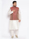 Vastramay Men's Plus Size Maroon Silk Blend Jacket And Cream Kurta Pant Set