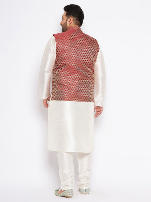 Vastramay Men's Plus Size Maroon Silk Blend Jacket And Cream Kurta Pant Set