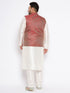 Vastramay Men's Plus Size Maroon Silk Blend Jacket And Cream Kurta Pant Set