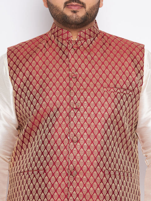 Vastramay Men's Plus Size Maroon Silk Blend Jacket And Cream Kurta Pant Set