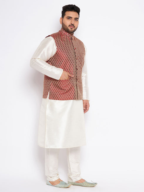 Vastramay Men's Plus Size Maroon Silk Blend Jacket And Cream Kurta Pant Set