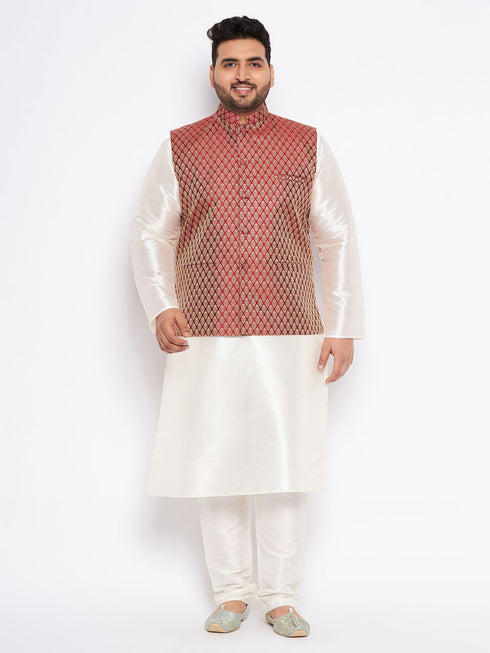 Vastramay Men's Plus Size Maroon Silk Blend Jacket And Cream Kurta Pant Set