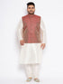 Vastramay Men's Plus Size Maroon Silk Blend Jacket And Cream Kurta Pant Set