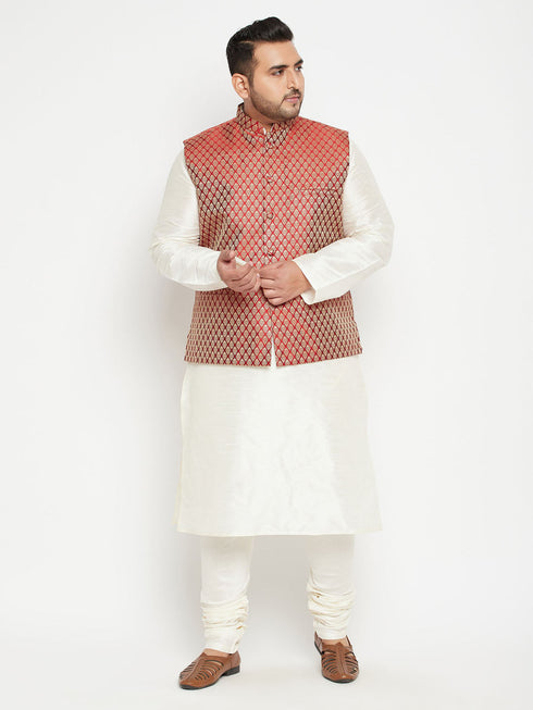 Vastramay Men's Plus Size Cream and Maroon Silk Blend Jacket Kurta Pyjama Set