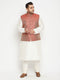Vastramay Men's Plus Size Cream and Maroon Silk Blend Jacket Kurta Pyjama Set