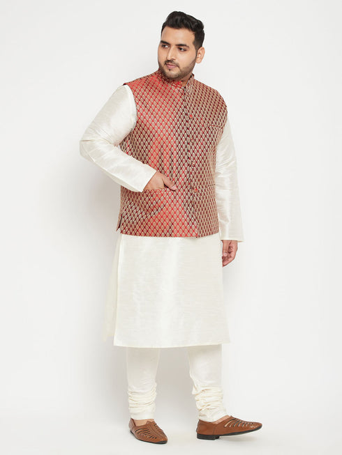 Vastramay Men's Plus Size Cream and Maroon Silk Blend Jacket Kurta Pyjama Set