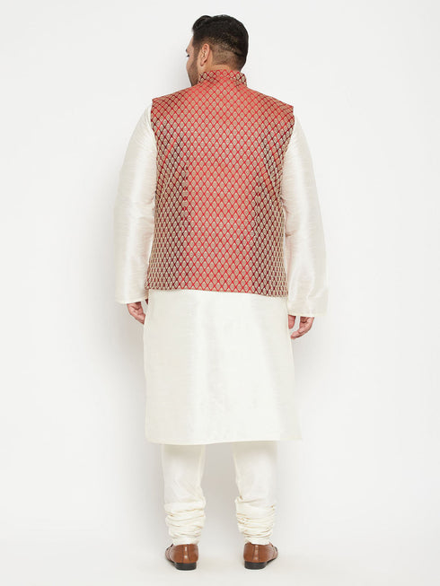 Vastramay Men's Plus Size Cream and Maroon Silk Blend Jacket Kurta Pyjama Set