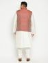 Vastramay Men's Plus Size Cream and Maroon Silk Blend Jacket Kurta Pyjama Set