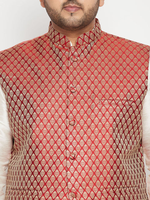 Vastramay Men's Plus Size Cream and Maroon Silk Blend Jacket Kurta Pyjama Set