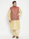 Vastramay Men's Plus Size Gold and Maroon Brocade Silk Blend Jacket Kurta Pyjama Set