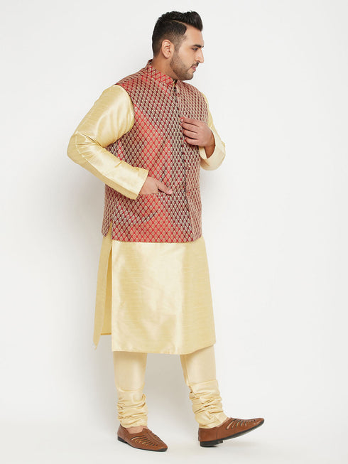 Vastramay Men's Plus Size Gold and Maroon Brocade Silk Blend Jacket Kurta Pyjama Set