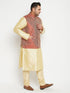 Vastramay Men's Plus Size Gold and Maroon Brocade Silk Blend Jacket Kurta Pyjama Set