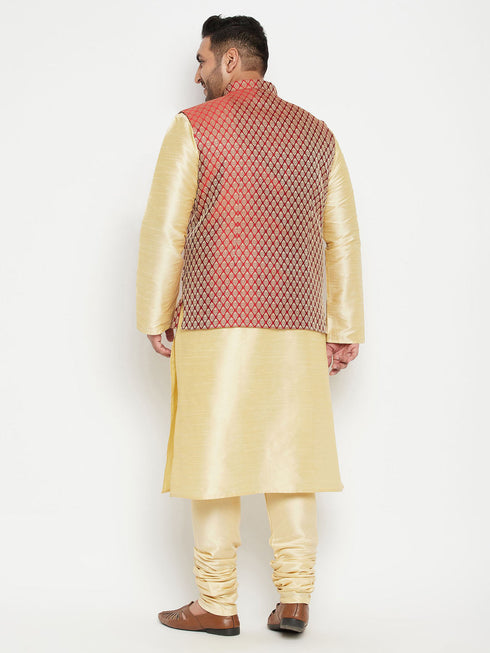 Vastramay Men's Plus Size Gold and Maroon Brocade Silk Blend Jacket Kurta Pyjama Set