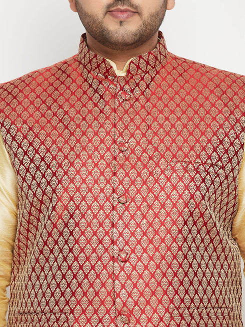 Vastramay Men's Plus Size Gold and Maroon Brocade Silk Blend Jacket Kurta Pyjama Set