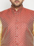 Vastramay Men's Plus Size Gold and Maroon Brocade Silk Blend Jacket Kurta Pyjama Set