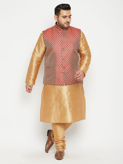 Vastramay Men's Plus Size Rose Gold and Maroon Woven Silk Blend Jacket Kurta Pyjama Set