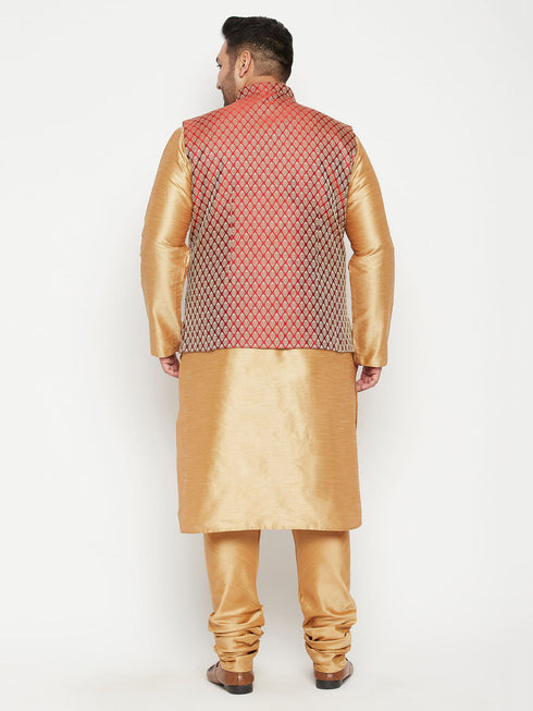 Vastramay Men's Plus Size Rose Gold and Maroon Woven Silk Blend Jacket Kurta Pyjama Set