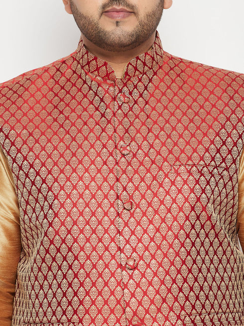 Vastramay Men's Plus Size Rose Gold and Maroon Woven Silk Blend Jacket Kurta Pyjama Set