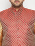 Vastramay Men's Plus Size Rose Gold and Maroon Woven Silk Blend Jacket Kurta Pyjama Set