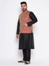 Vastramay Men's Plus Size Maroon Woven Nehru Jacket With Black Kurta And Pyjama Set
