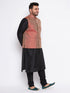 Vastramay Men's Plus Size Maroon Woven Nehru Jacket With Black Kurta And Pyjama Set