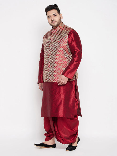 Vastramay Men's Plus Size Maroon Woven Silk Blend Jacket And Maroon Silk Blend Kurta Dhoti Set