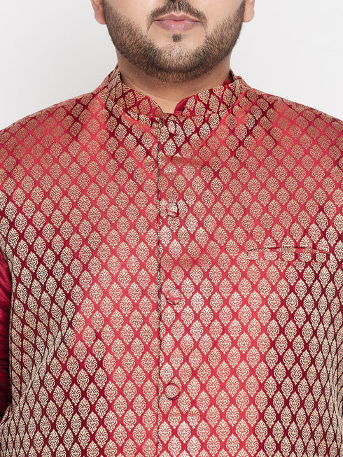 Vastramay Men's Plus Size Maroon Woven Silk Blend Jacket And Maroon Silk Blend Kurta Dhoti Set