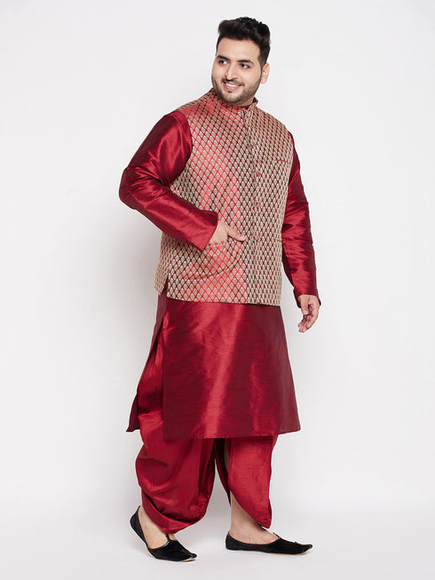 Vastramay Men's Plus Size Maroon Woven Silk Blend Jacket And Maroon Silk Blend Kurta Dhoti Set