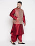 Vastramay Men's Plus Size Maroon Woven Silk Blend Jacket And Maroon Silk Blend Kurta Dhoti Set