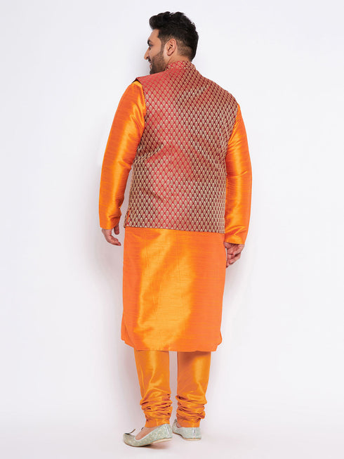 Vastramay Men's Plus Size Maroon Woven Nehru Jacket With Orange Kurta And Pyjama Set