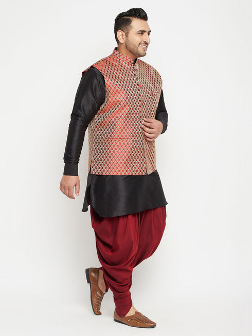 Vastramay Men's Plus Size Black and Maroon Silk Blend Jacket With Kurta Dhoti Pant Set