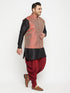 Vastramay Men's Plus Size Black and Maroon Silk Blend Jacket With Kurta Dhoti Pant Set