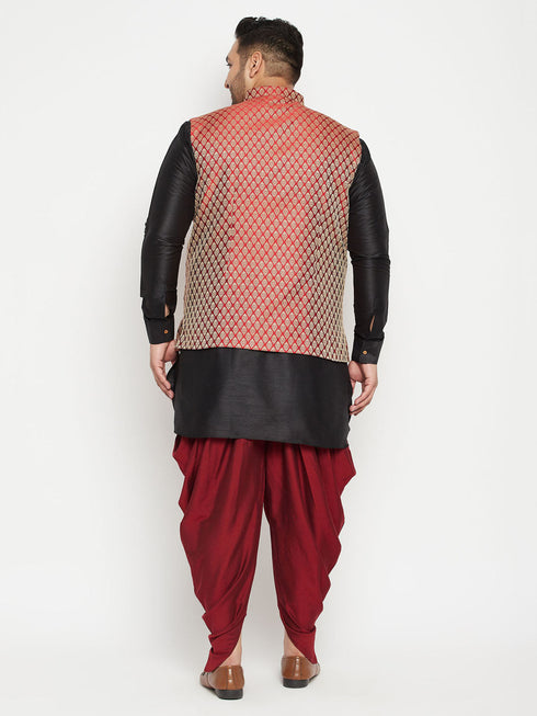 Vastramay Men's Plus Size Black and Maroon Silk Blend Jacket With Kurta Dhoti Pant Set