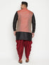 Vastramay Men's Plus Size Black and Maroon Silk Blend Jacket With Kurta Dhoti Pant Set
