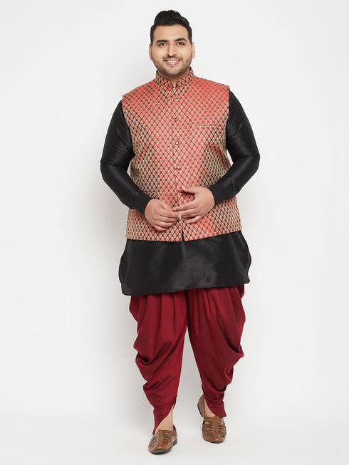 Vastramay Men's Plus Size Black and Maroon Silk Blend Jacket With Kurta Dhoti Pant Set