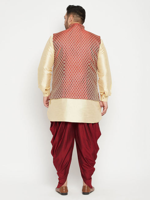 Vastramay Men's Plus Size Gold and Maroon Silk Blend Jacket Kurta Dhoti Pant Set