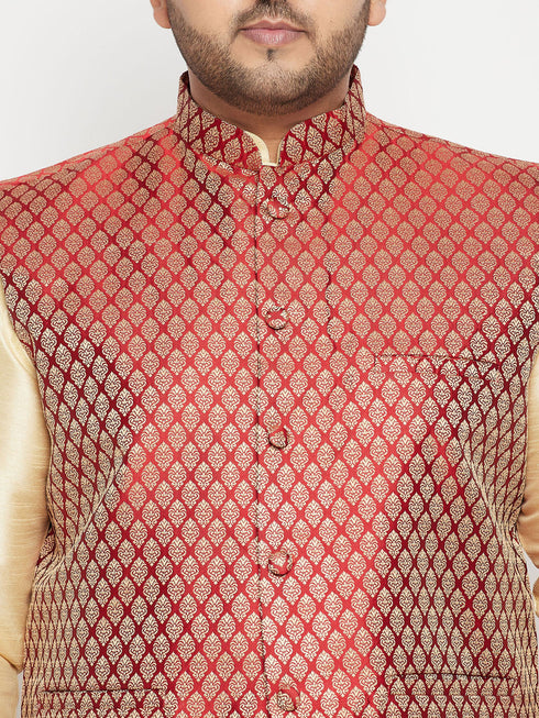 Vastramay Men's Plus Size Gold and Maroon Silk Blend Jacket Kurta Dhoti Pant Set