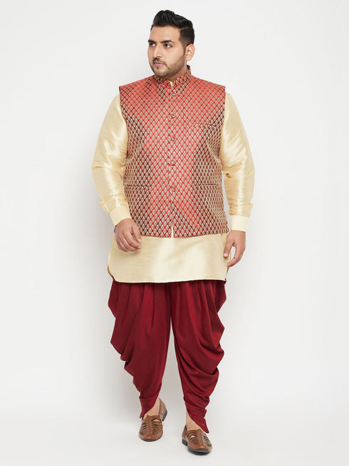 Vastramay Men's Plus Size Gold and Maroon Silk Blend Jacket Kurta Dhoti Pant Set