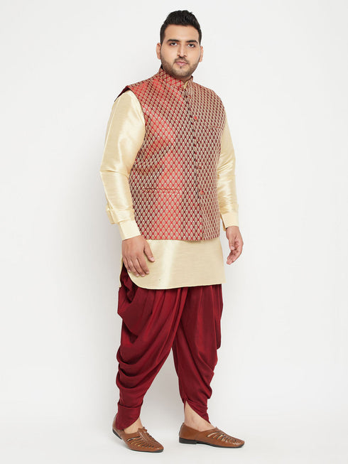 Vastramay Men's Plus Size Gold and Maroon Silk Blend Jacket Kurta Dhoti Pant Set