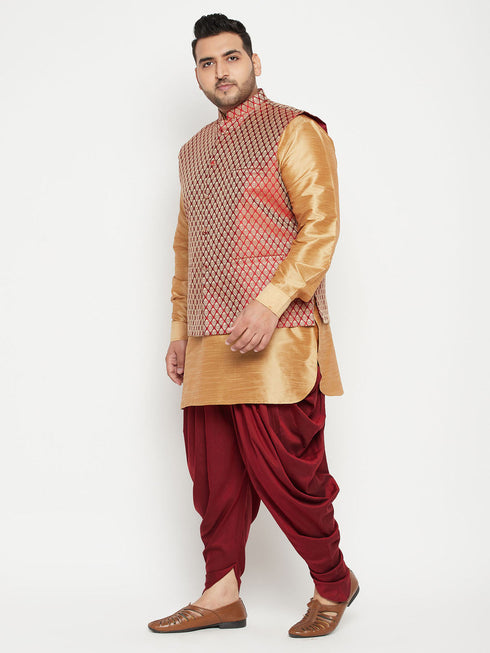 Vastramay Men's Plus Size Rose Gold and Maroon Silk Blend Jacket Kurta Dhoti Pant Set